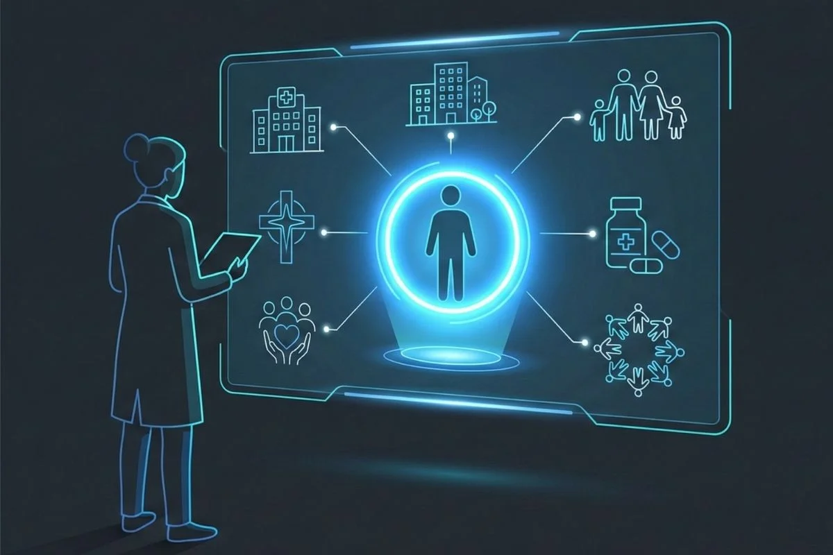 Profissional de saúde mental observando painel holográfico com ícones de rede de cuidado, simbolizando encaminhamento responsável na dependência química.