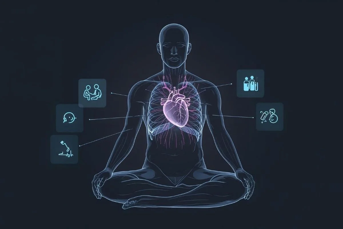 Figura humana em estilo futurista, com coração rachado ligado a cenas holográficas de família e uso de substâncias, simbolizando feridas emocionais na dependência química.
