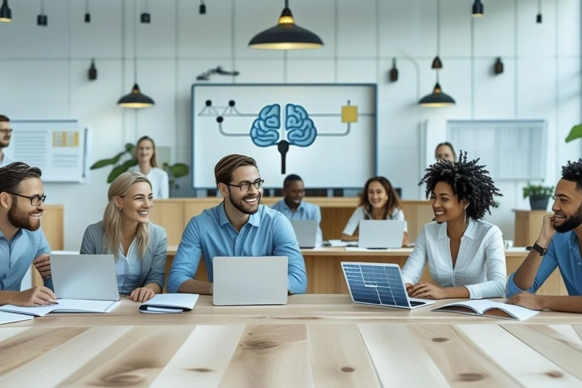 Grupo de adultos em formação terapêutica, estudando em sala moderna com elementos de neurociência e espiritualidade integrados ao fundo.