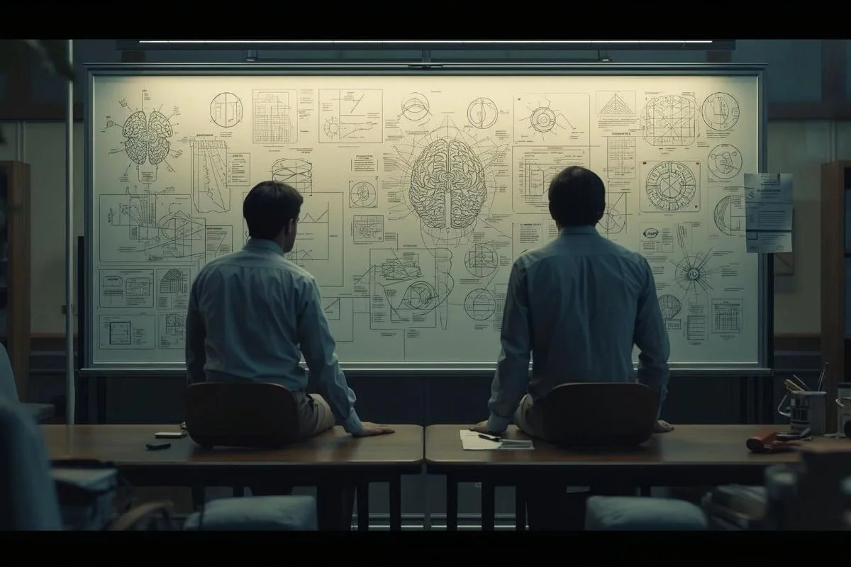 Dois pesquisadores em frente a um quadro com diagramas, simbolizando a origem da PNL nos anos 1970.