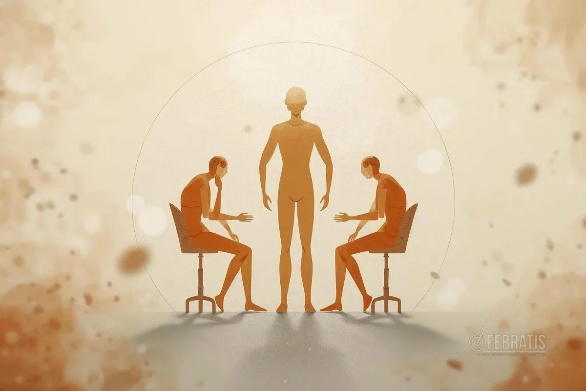 Ilustração simbólica de dinâmica familiar com figura central dominante e outros membros em tensão.