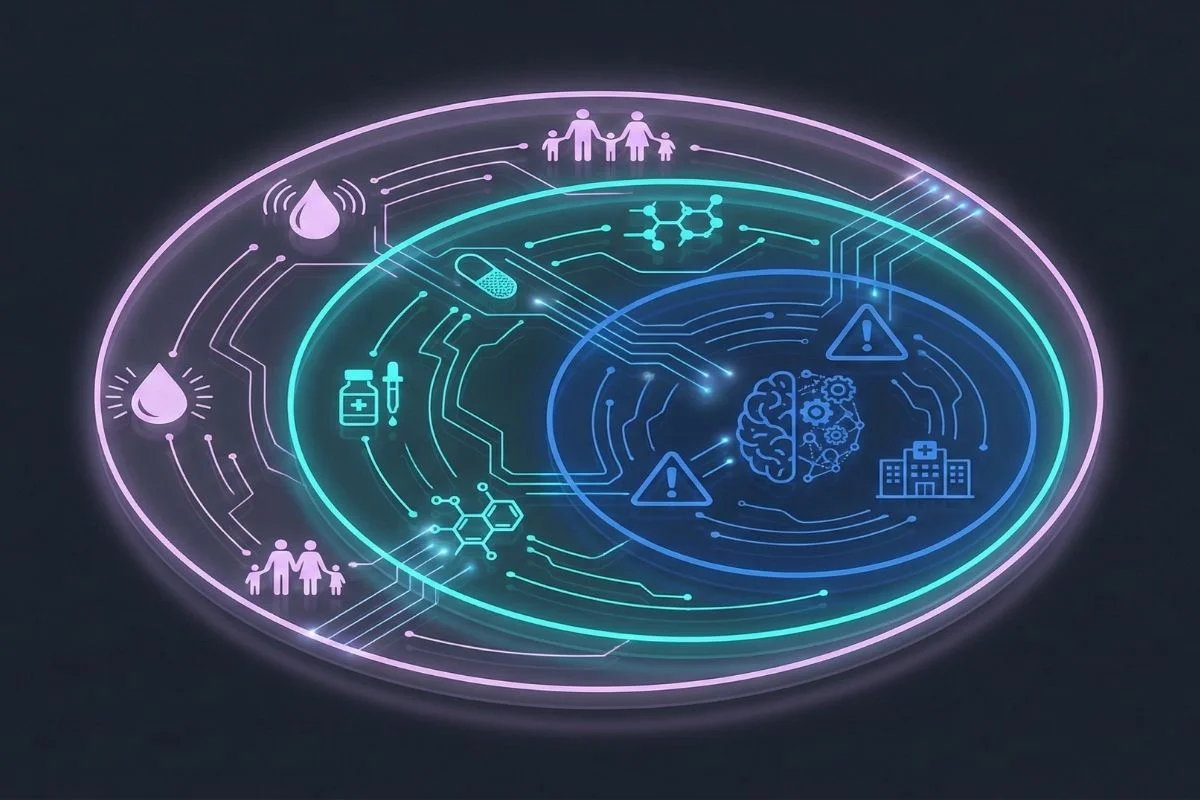 Diagrama clínico futurista com três camadas representando feridas emocionais, dependência química e transtornos mentais interligados.