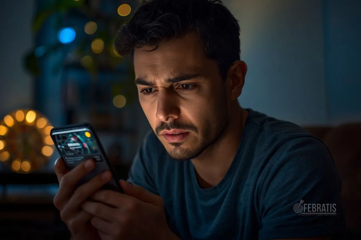 Homem ansioso observando aplicativo de apostas no celular, representando reforço intermitente e perseguição das perdas.