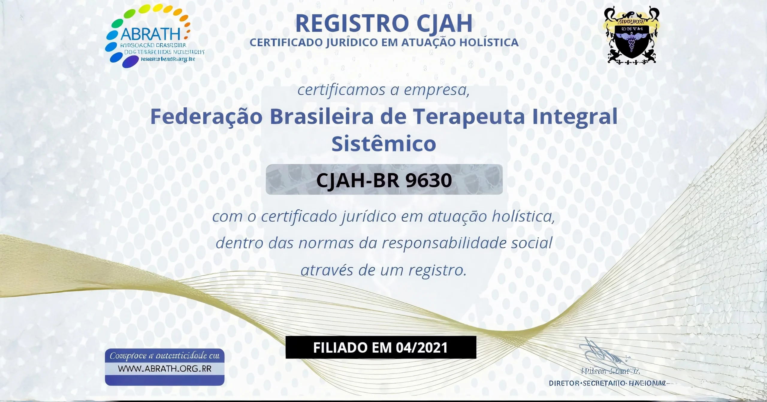 Certificado da ABRATH confirmando o Registro CJAH da FEBRATIS®, código CJAH-BR 9630, para atuação holística com responsabilidade social.