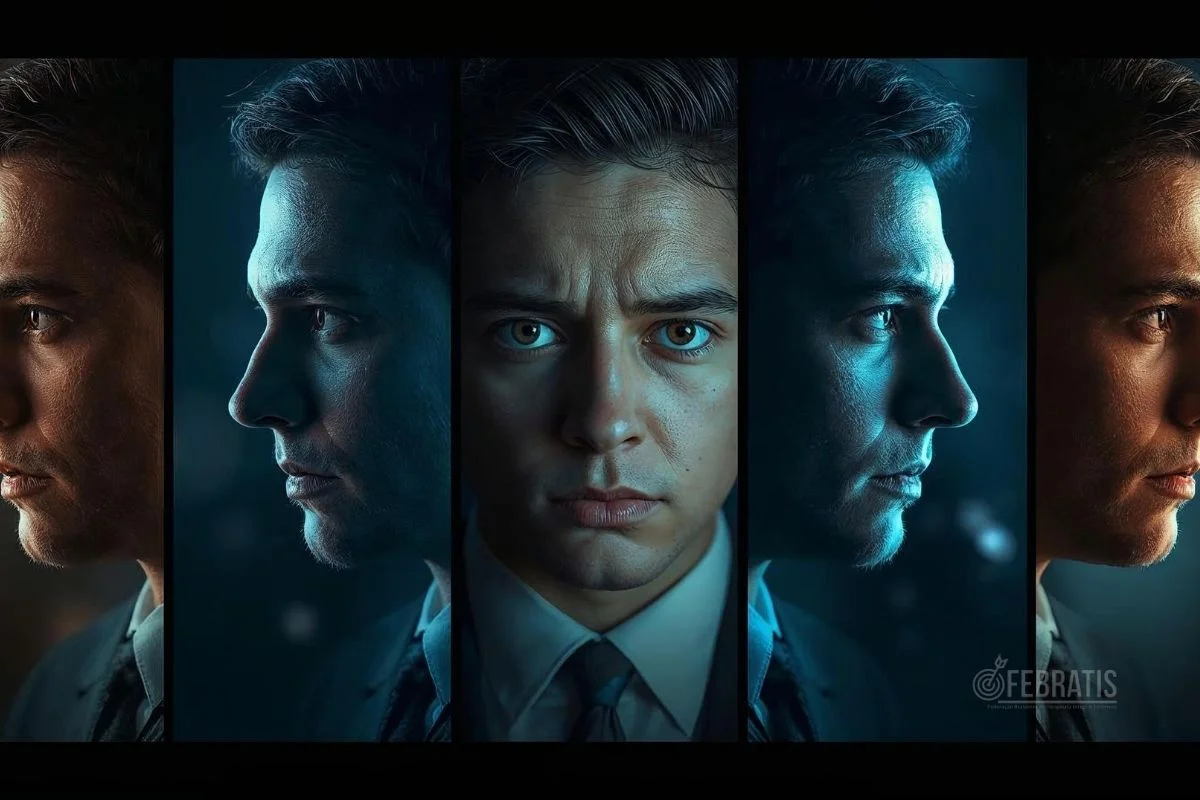 Cena cinematográfica mostrando uma pessoa em diferentes expressões que representam as 5 etapas do ciclo da ansiedade.