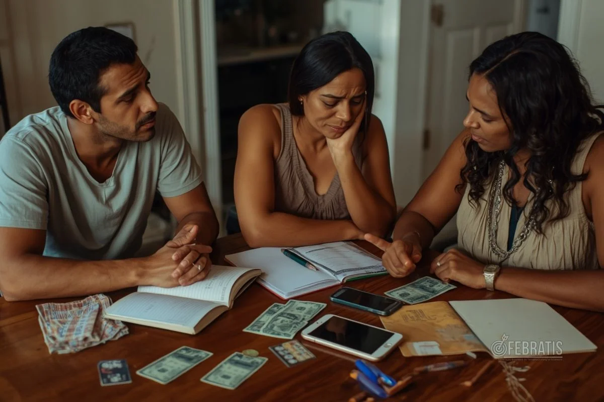 Família conversando de forma acolhedora sobre dívidas, limites e tratamento para problemas com apostas.