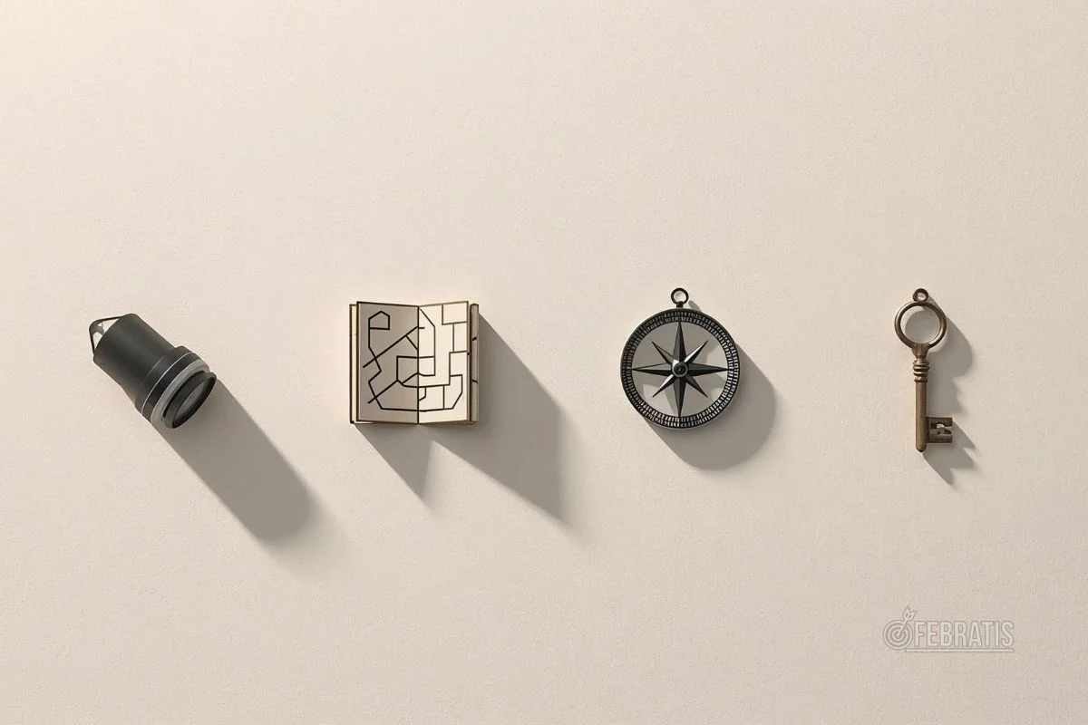 Ilustração minimalista com quatro símbolos representando escuta, formulação, intervenção e perguntas clínicas.