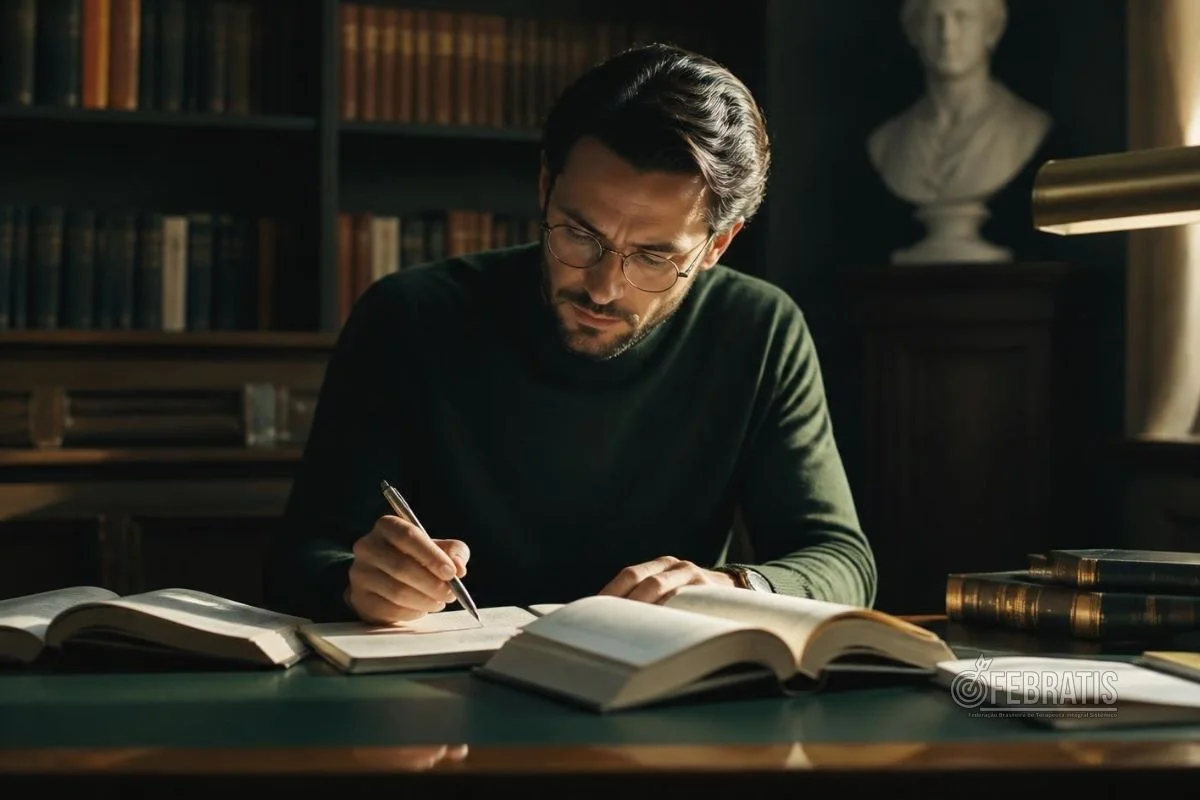 Pessoa estudando teoria psicanalítica em formação clínica.