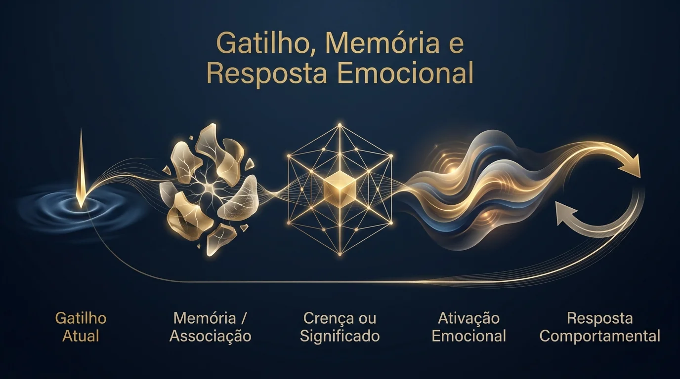 Infográfico mostrando como um gatilho atual pode ativar memória, crença, emoção e resposta comportamental.