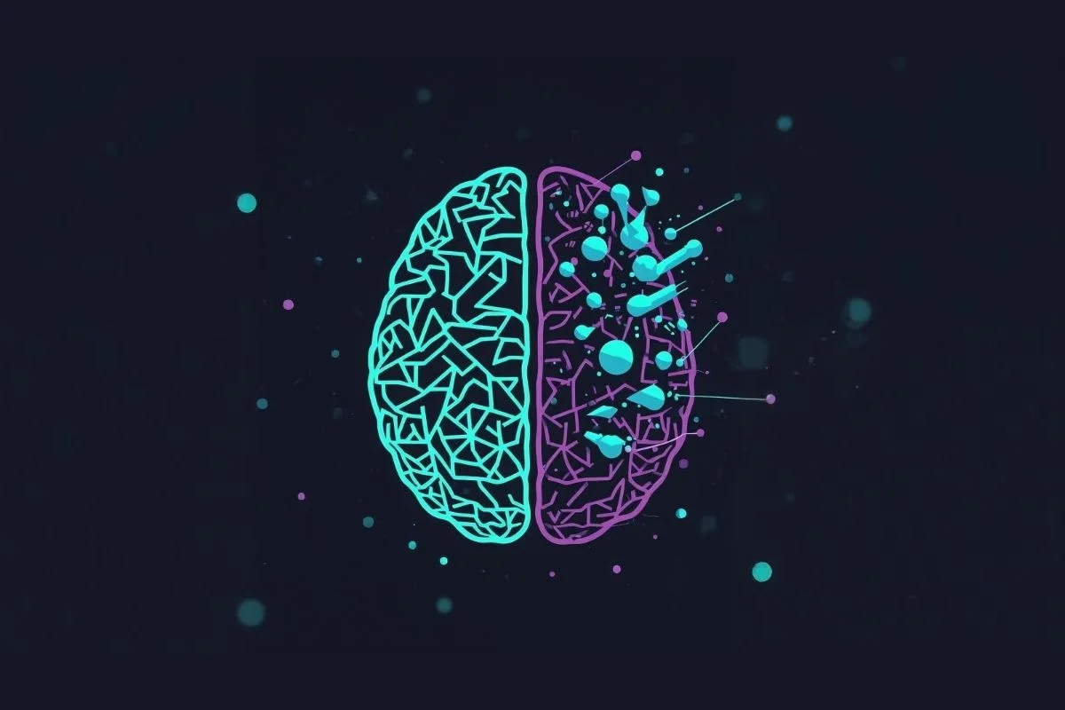 Cérebro com divisão entre percepção pura e projeção, ilustrando o conceito de gatilho projetivo na PNL, com linhas neon conectando as partes.