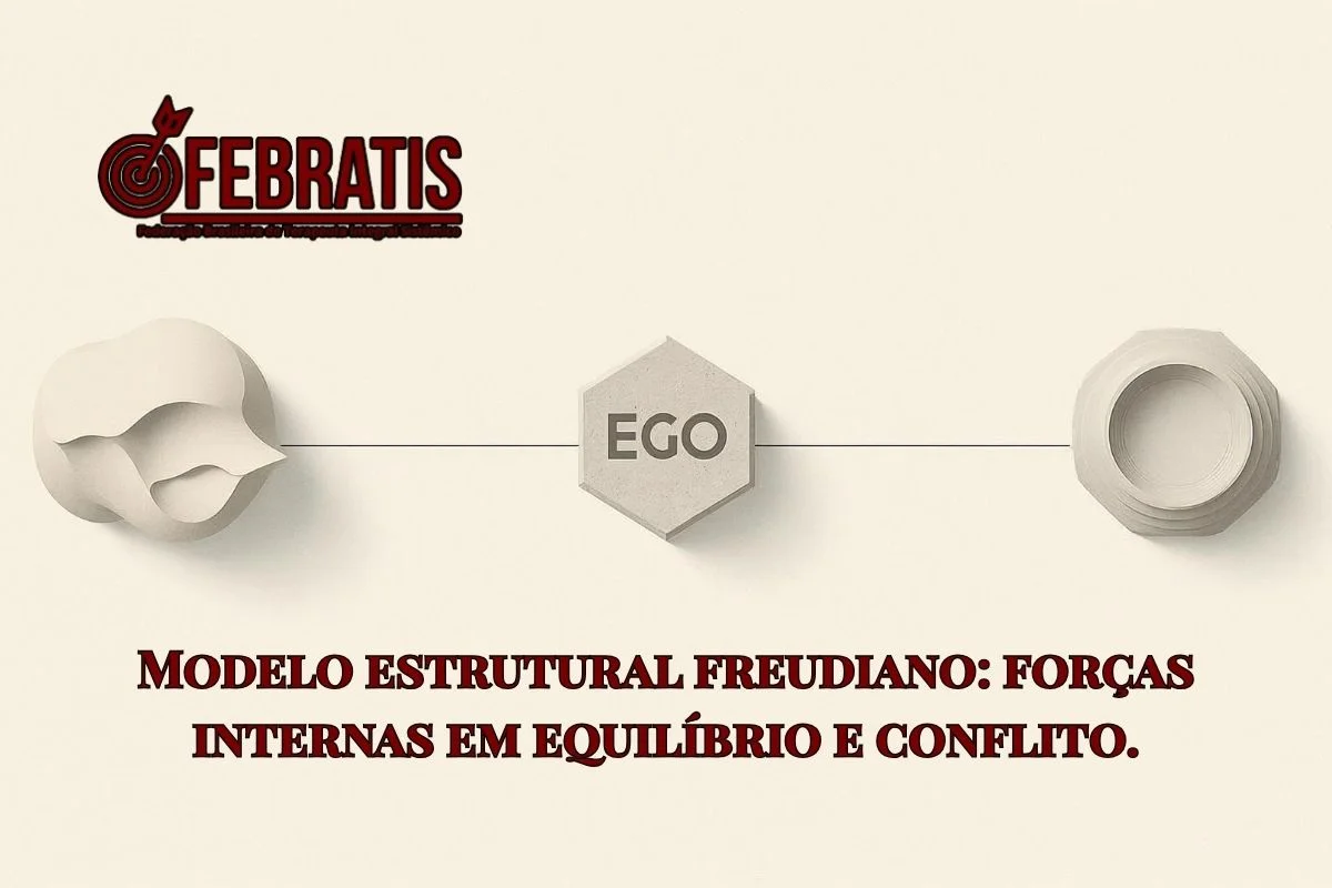 Ilustração abstrata com três formas conectadas representando Id, Ego e Superego na teoria freudiana.
