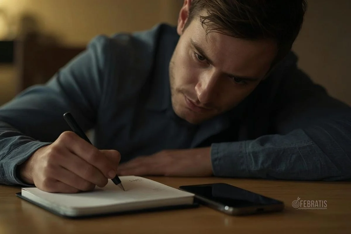Pessoa escrevendo em caderno e desligando o celular, simbolizando reconstrução de limites e retomada de autonomia.