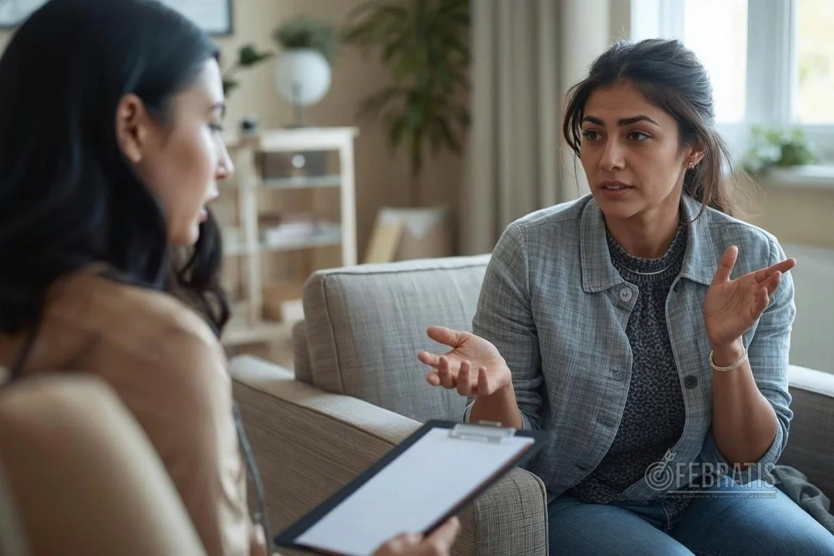 Terapeuta em consultório mantendo postura firme e acolhedora durante atendimento, simbolizando manejo clínico.