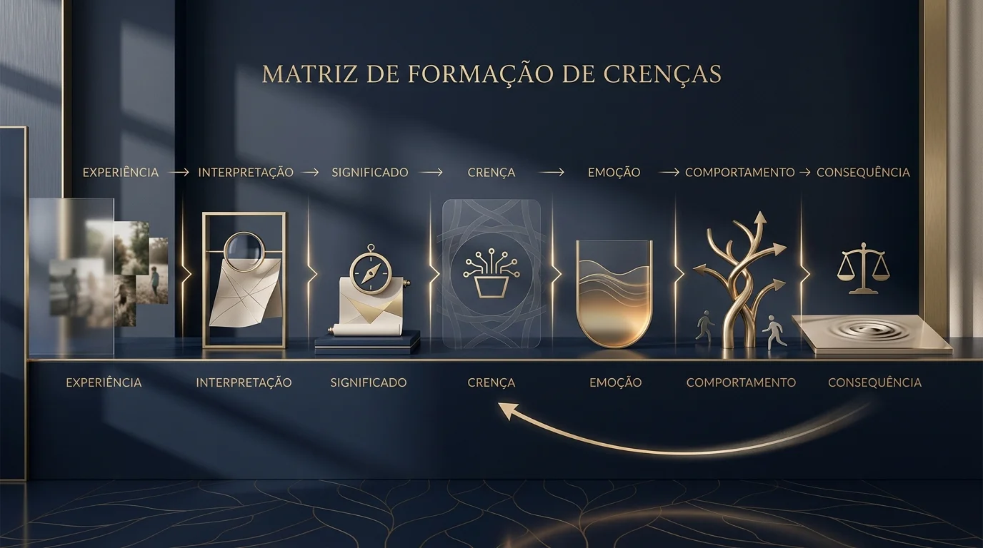 Matriz mostrando experiência, interpretação, significado, crença, emoção, comportamento e consequência.