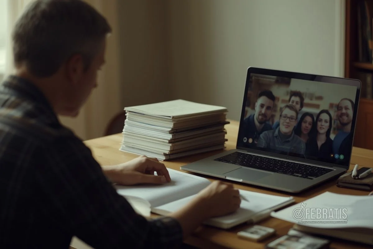 Pessoa estudando com notebook e apostilas, em clima de grupo de estudos, simbolizando o modelo educacional da FEBRATIS.”