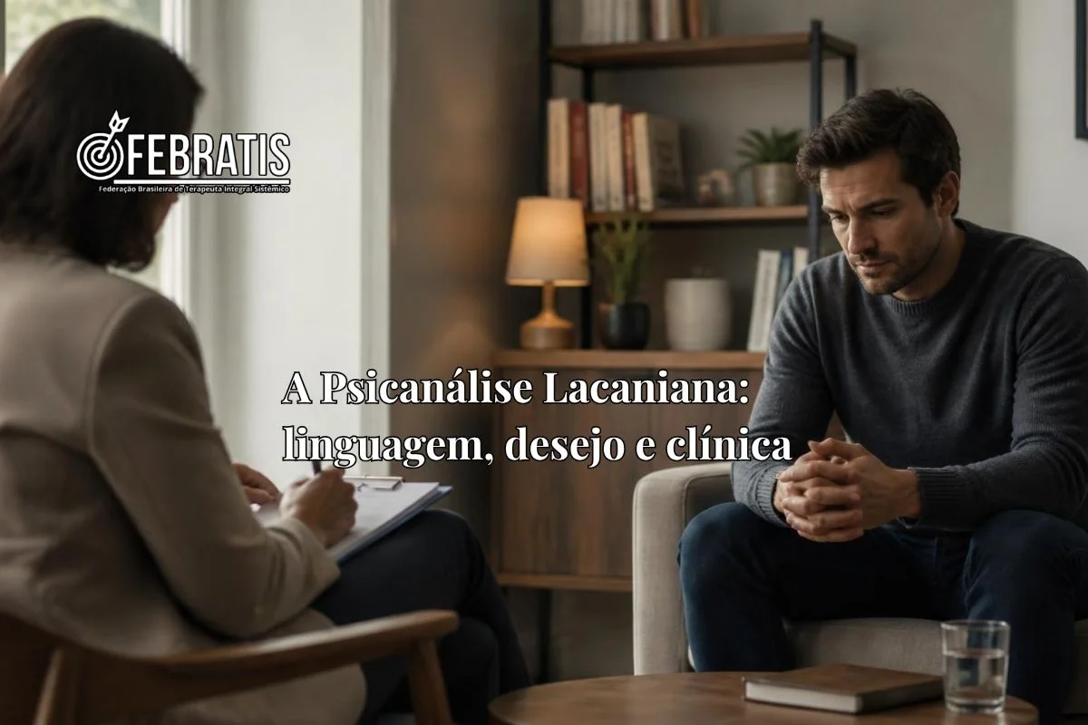 Sessão terapêutica representando a psicanálise lacaniana, linguagem e desejo.