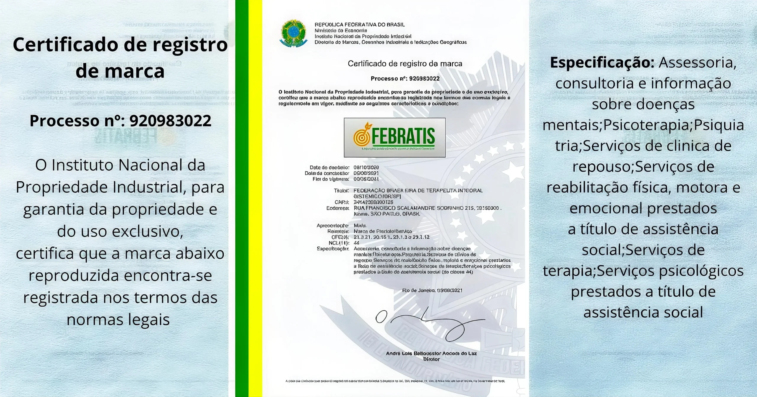 Certificado do INPI comprovando o registro da marca FEBRATIS®, com especificação de serviços na classe 44.