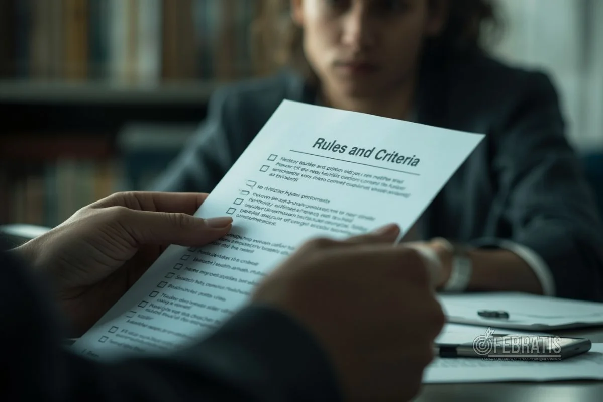 Mãos segurando um checklist e documentos, simbolizando critérios e transparência em avaliação de cursos livres.