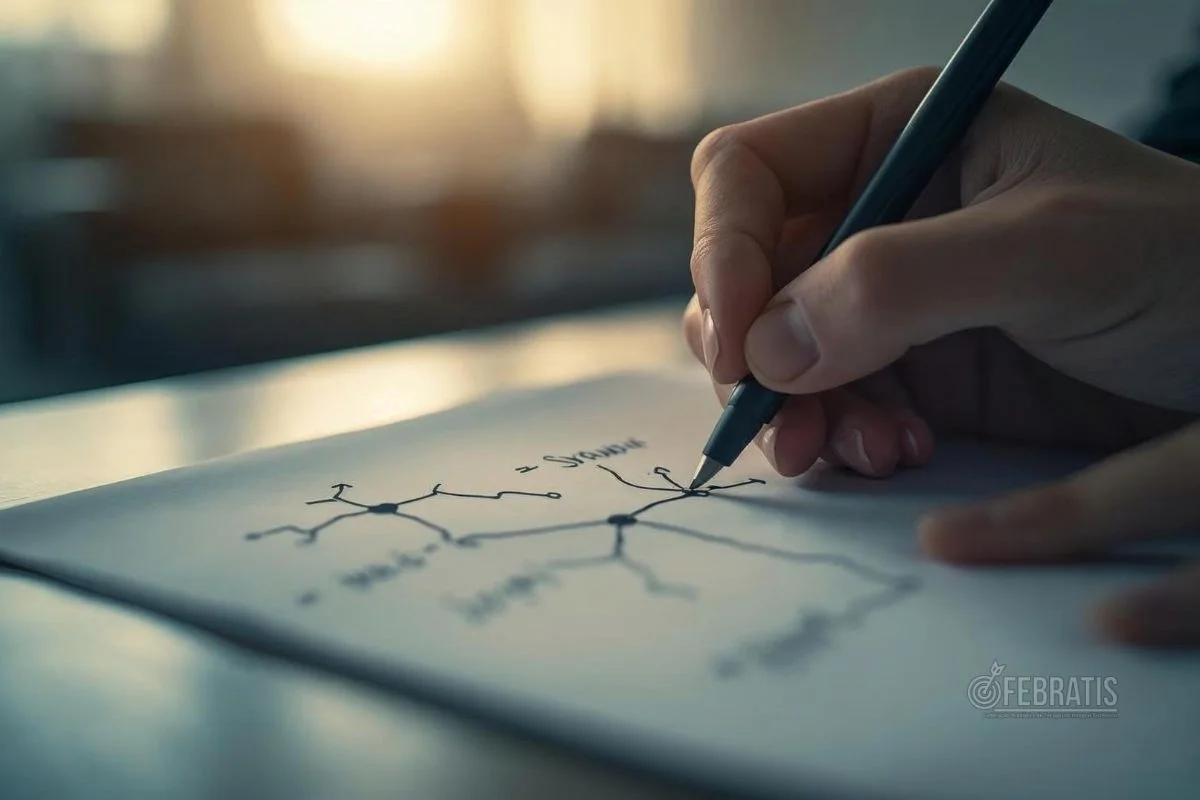 Mão desenhando um esquema simples de sinapse em papel, representando recaptação de serotonina.