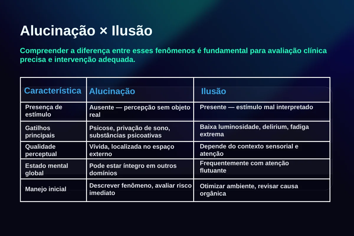 Tabela comparativa destacando diferenças entre alucinação e ilusão por estímulo, gatilhos, qualidade, estado mental global e manejo inicial.
