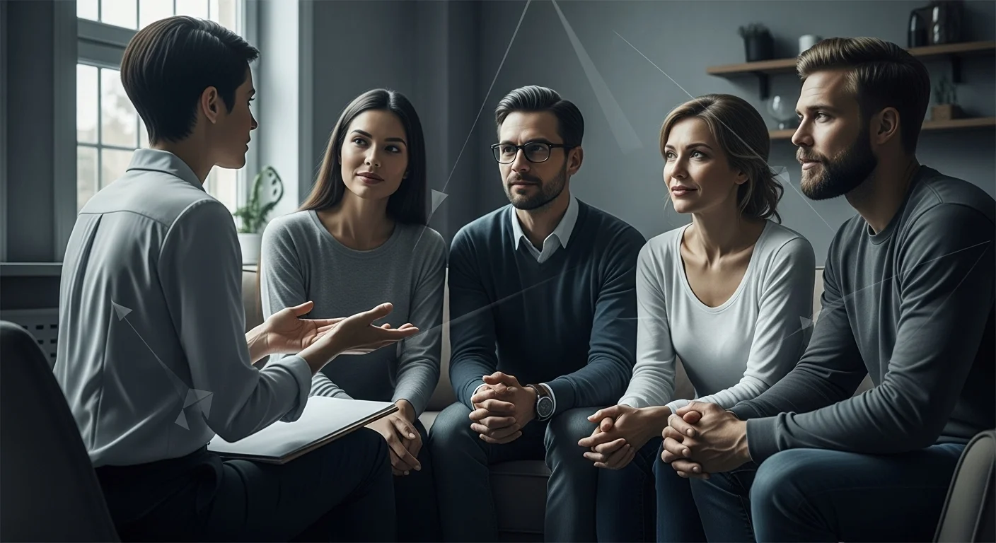 Terapia familiar em sessão, com terapeuta e membros da família engajados em diálogo.