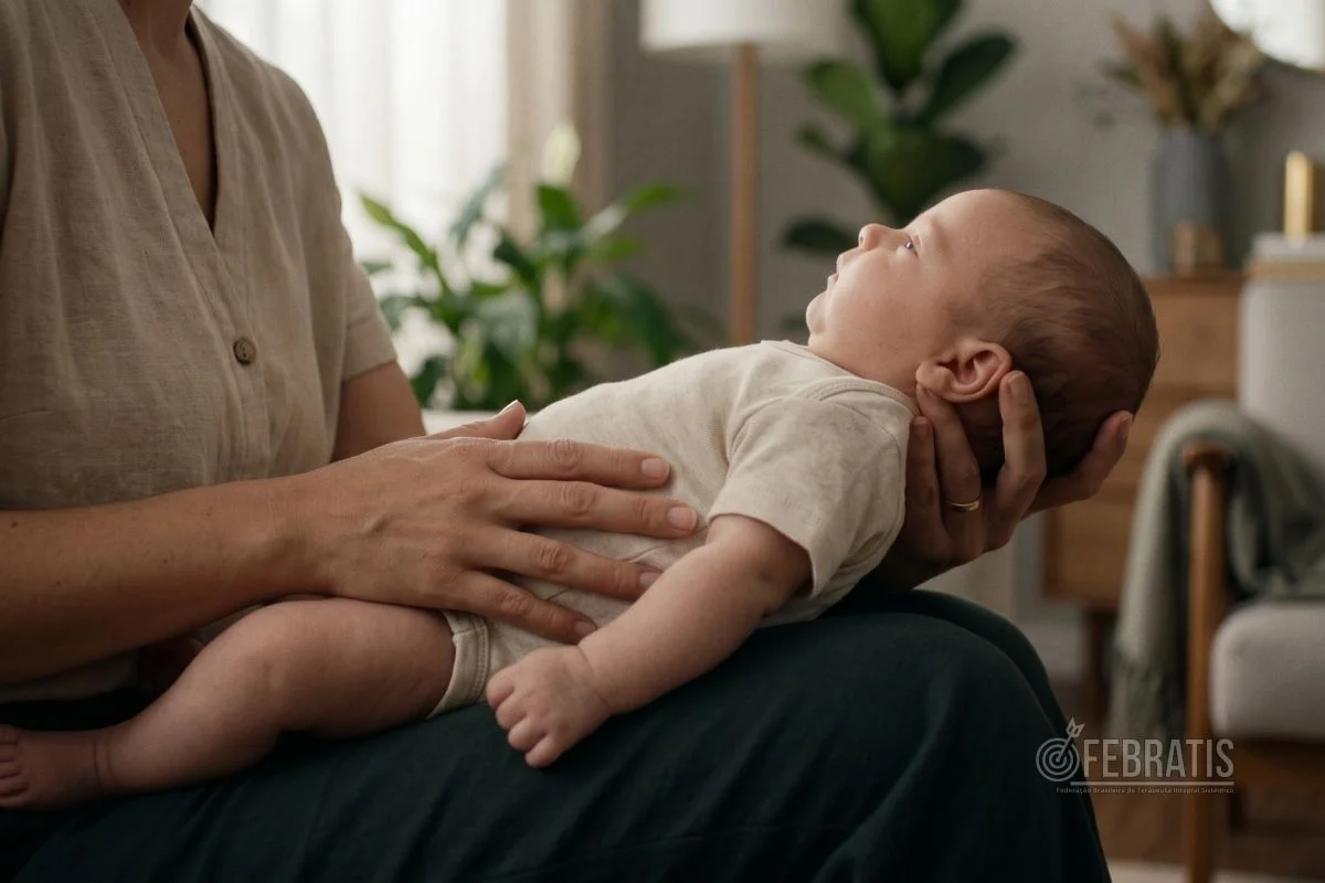 Close discreto das mãos de um cuidador sustentando com delicadeza um bebê, sem focar rostos e sem sentimentalismo exagerado. A posição deve transmitir segurança, proteção física e sustentação emocional. Ambiente doméstico sereno, luz natural suave, tons bege, verde escuro, madeira e dourado discreto.